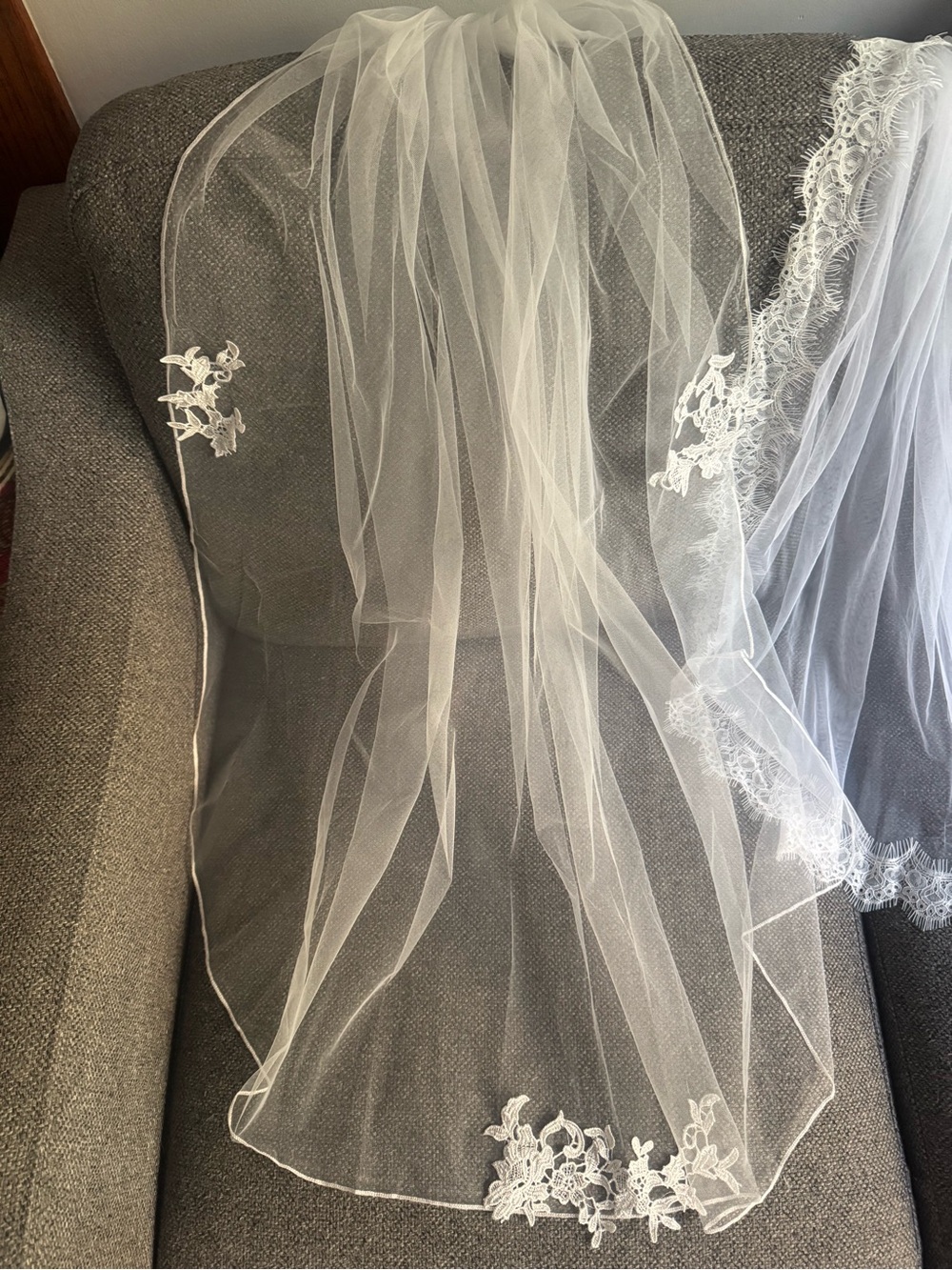 Bridal Veil with Lace Appliqué - White